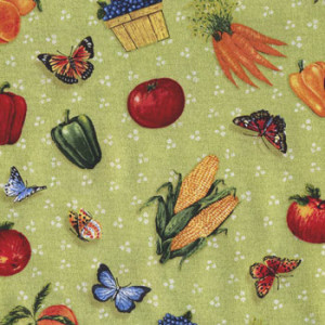 Fruit Vegetables Butterflies on Green Quilt Fabric