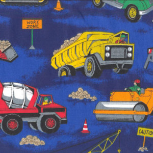 Boys Machinery Crane Cement Truck on Blue Quilt Fabric