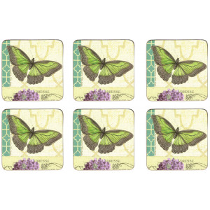 Set of 6 Cork Backed Drink Coasters Butterfly Post Card Design 