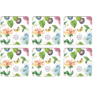 Set of 6 Cork Backed Drink Coasters Redoute Meadow Butterfly Floral Flowers 