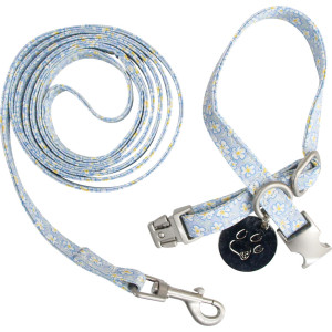 Bella and Bentley Dog Collar and Lead Set Flowers on Blue