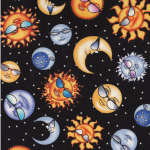 Moons Sun Stars Celestial on Black Quilt Fabric