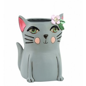 Pretty Kitty Cat Grey Resin Indoor Pot Planter