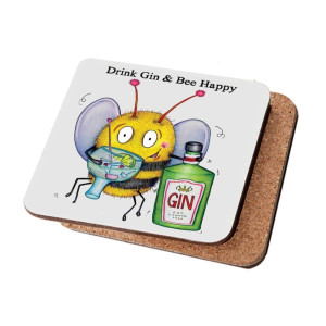 Drink Gin and Bee Happy Cork Backed Drink Coaster - Set 2