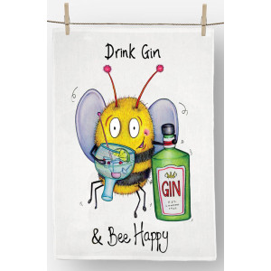 Drink Gin and Bee Happy Fun Humorous 100% Cotton Drill Kitchen Tea Towel