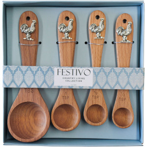 Roosters Set of 4 Acacia Wood Kitchen Measuring Spoons 