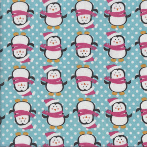 Happy Penguins with Dots on Blue Quilting Fabric