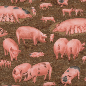 Pigs on Brown Farm Animal Quilt Fabric