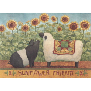 Sunflower Friend Pig and Sheep Greeting Card by Teresa Kogut