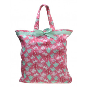 Reusable Grocery Shopping Tote Carry Bag 100% Cotton Teapots on Pink
