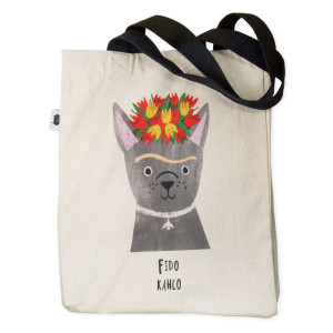 Fido Kahlo Dog and Flowers 100% Unbleached Cotton Tote Shopping Bag