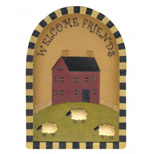 Welcome Friends Primitive House and Sheep Resin Plaque
