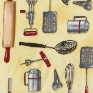 Kitchen Utensils on Yellow Kiss The Cook Quilt Fabric