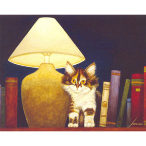 Cat on Book Shelf Greeting Card by Lowell Herrero