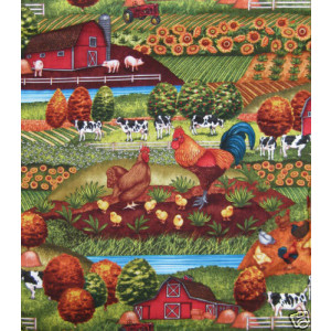 Cows Roosters Down on The Farm Quilt Fabric 