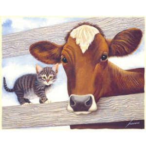 Cow and Kitten Greeting Card by Lowell Herrero