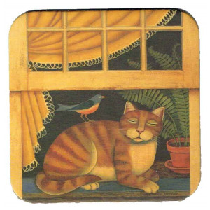 Ginger Tabby Cat & Bird Country Style Cork Backed Drink Coaster