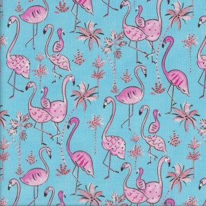 Flamingo Birds Palm Trees on Blue Quilt Fabric