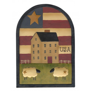 Primitive USA Flag House and Sheep Resin Plaque