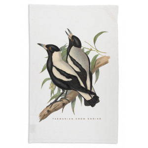Tasmanian Crow Shrike Tea Towel Organic Cotton White