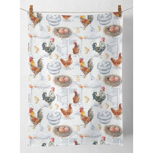 Chicken Farm Hens Eggs Chicks on White 100% Cotton Kitchen Tea Towel
