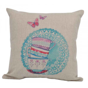 Tea Cups and Butterflies Design Square Cushion