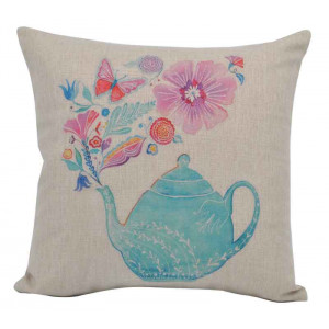 Teapot Flowers and Butterflies Design Square Cushion