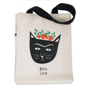 Frida Catlo Cat and Flowers 100% Unbleached Cotton Tote Shopping Bag