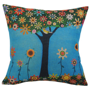 Tree With Colourful Flowers and Bird Design Square Cushion