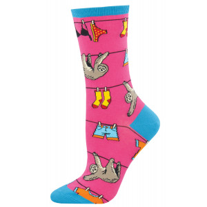 Womens Fun Novelty Socks Sloths Hanging on Clothesline Pink
